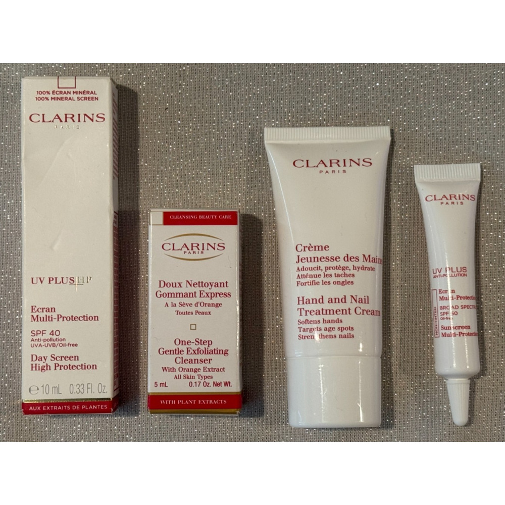 Clarins Skincare Sample Lot— Cleanser, Ecran Multi-Protection, Hand/Nail-4 piece